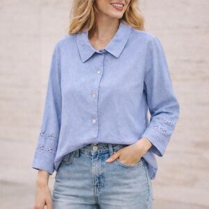 Norton Studios Linen Blend Lace Sleeve Button Front Blouse Large